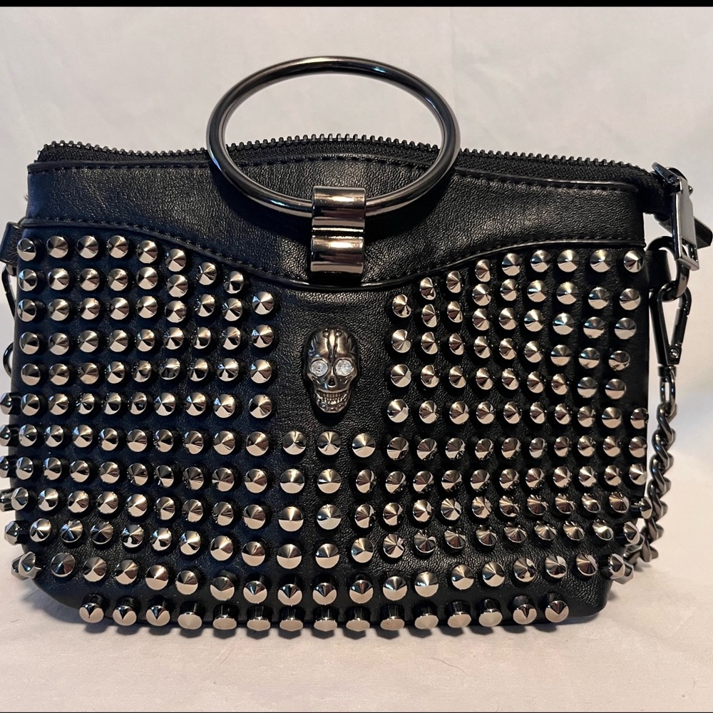 Most Wanted small studded skull tote with long removable strap